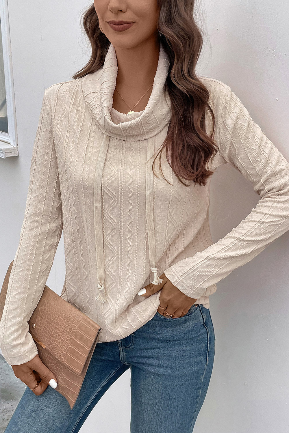 Perfee Tied Mock Neck Long Sleeve Knit Top-Angel Casuals