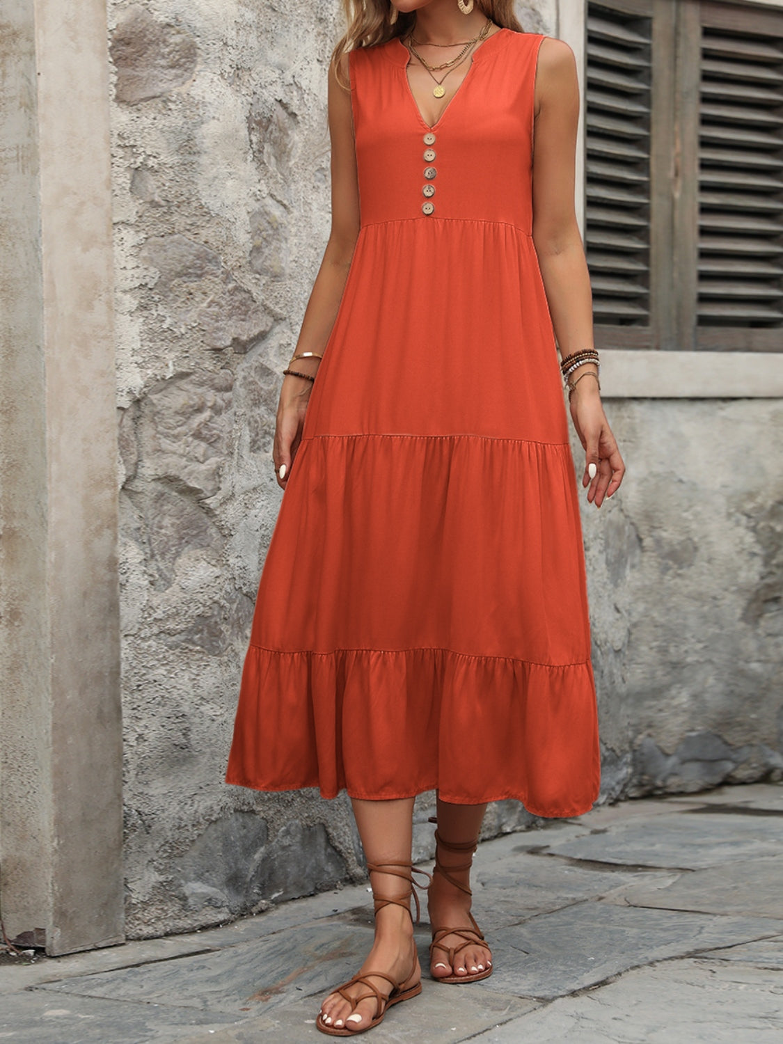 Decorative Button Notched Sleeveless Dress-Angel Casuals