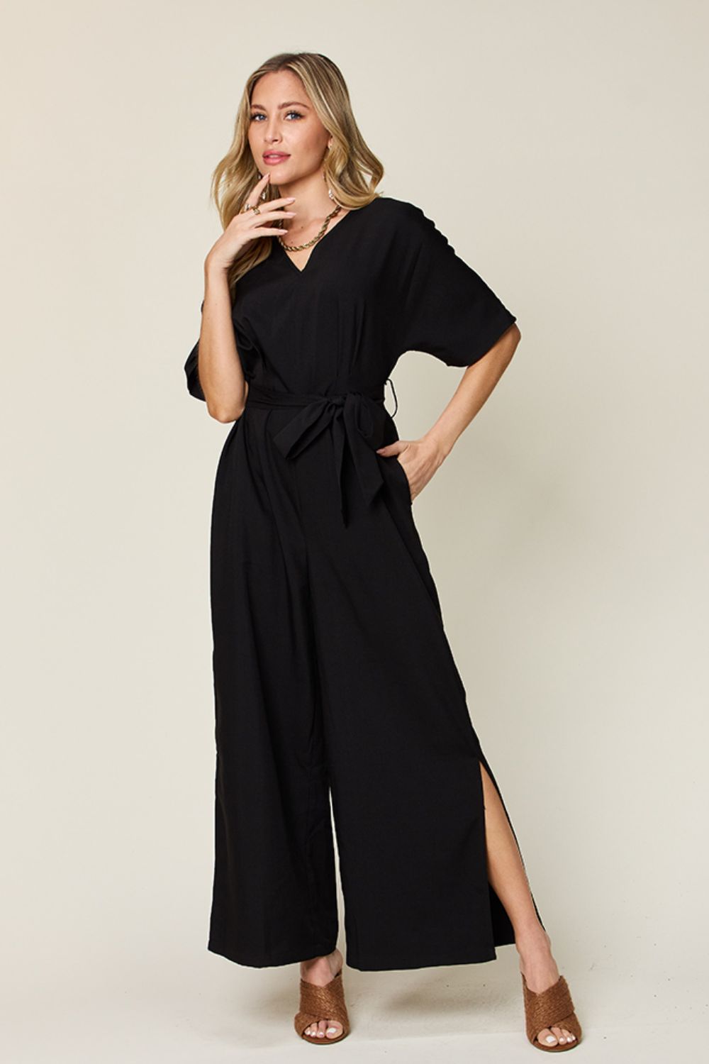 Double Take Full Size V-Neck Tie Front Short Sleeve Slit Jumpsuit-Angel Casuals