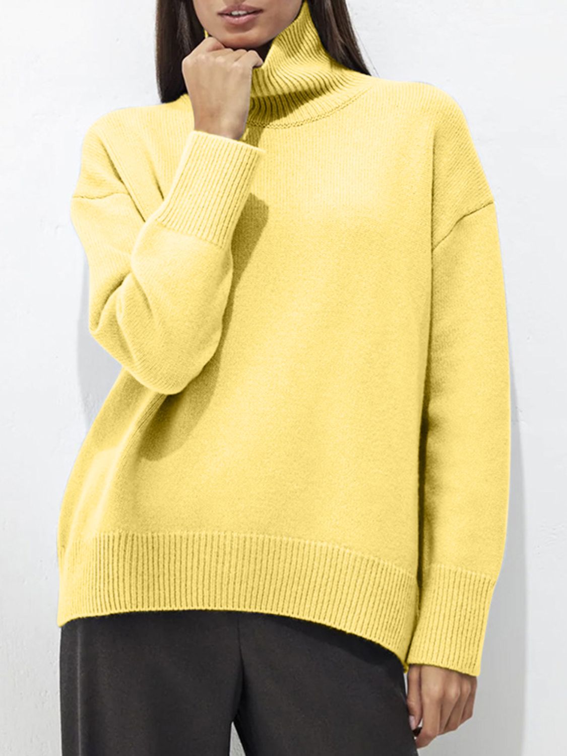 Turtleneck Drop Shoulder Long Sleeve Sweater-Angel Casuals