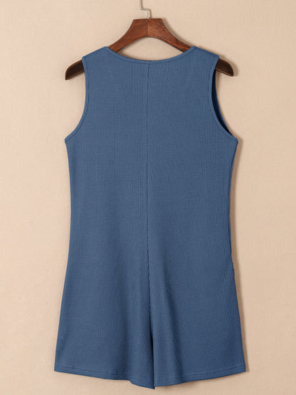 Waffle-Knit Half Button Sleeveless Romper with Pockets-Angel Casuals