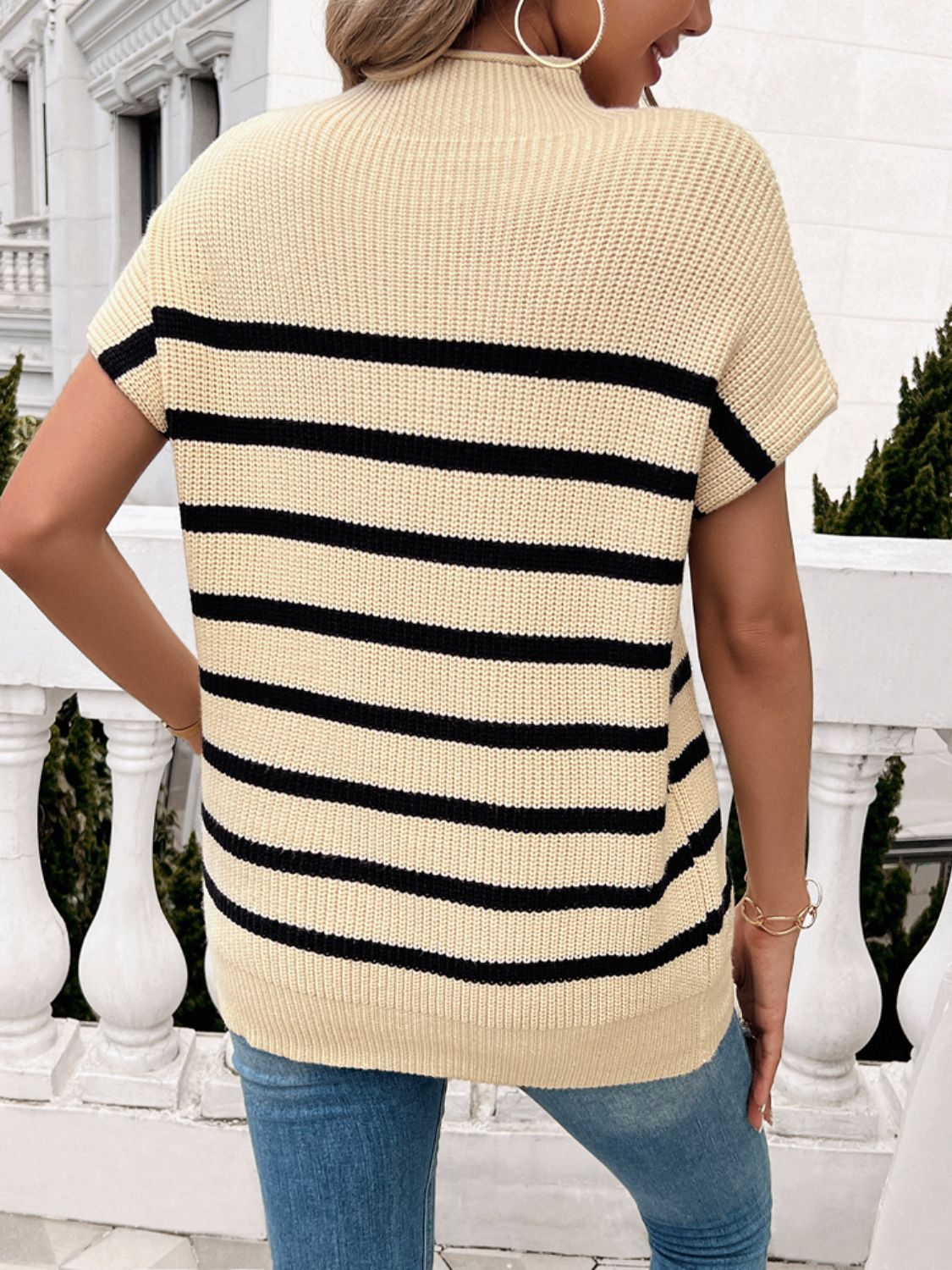 Devine Striped Mock Neck Short Sleeve Sweater-Angel Casuals