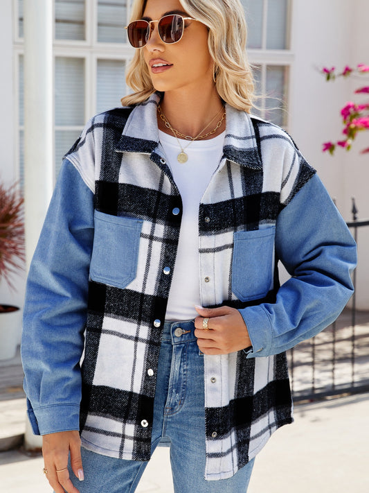 Pocketed Plaid Snap Down Denim Jacket-Angel Casuals