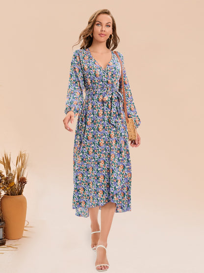 Full Size Printed Surplice Long Sleeve Dress-Angel Casuals