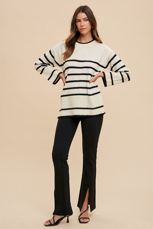 Annie Wear Side Slit Striped Round Neck Sweater-Angel Casuals