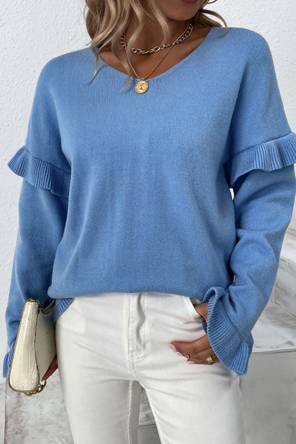 V-Neck Ruffle Trim Long Sleeve Sweater-Angel Casuals