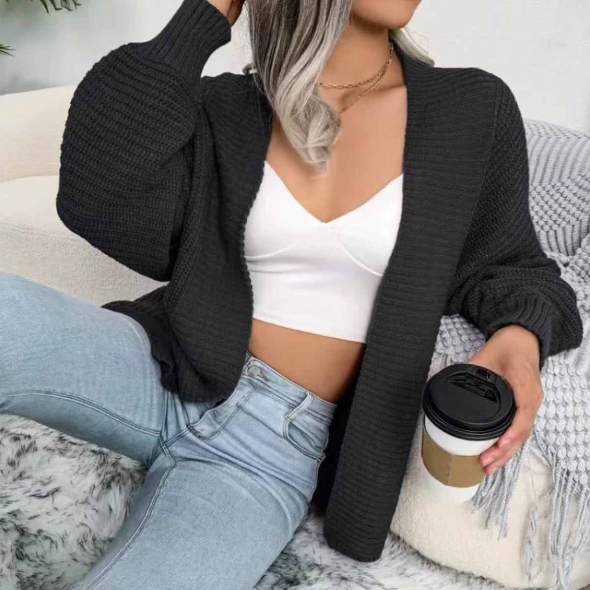 Open Front Lantern Sleeve Cardigan-Angel Casuals
