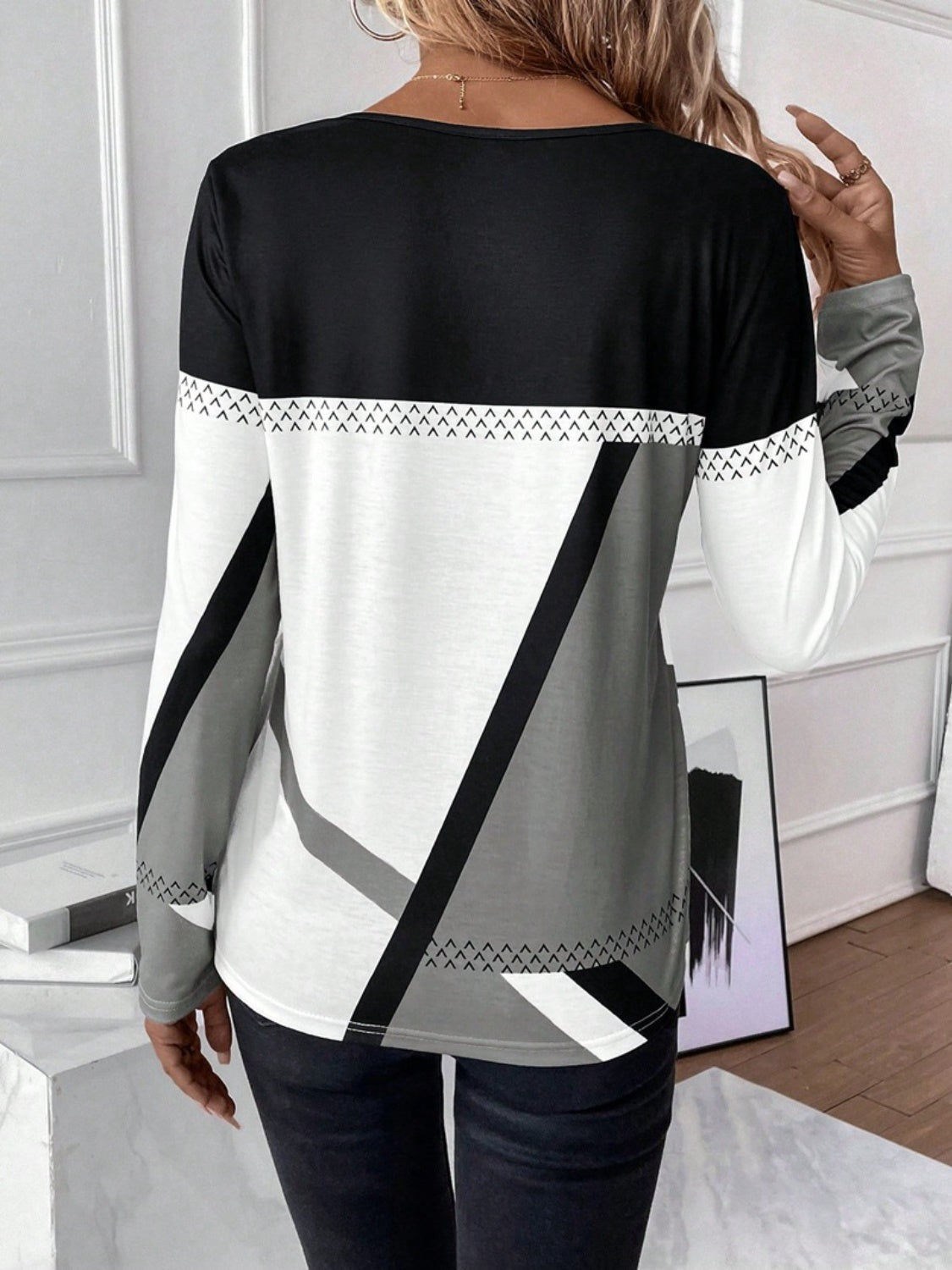 Contrast Round Neck Long Sleeve T-Shirt-Angel Casuals
