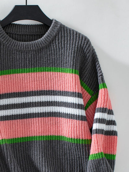 Contrast Stripes Round Neck Long Sleeve Sweater-Angel Casuals