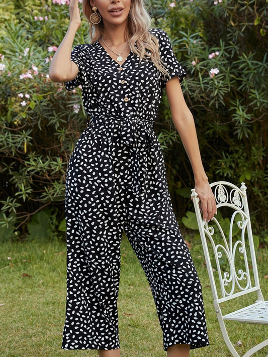 Printed V-Neck Short Sleeve Jumpsuit-Angel Casuals