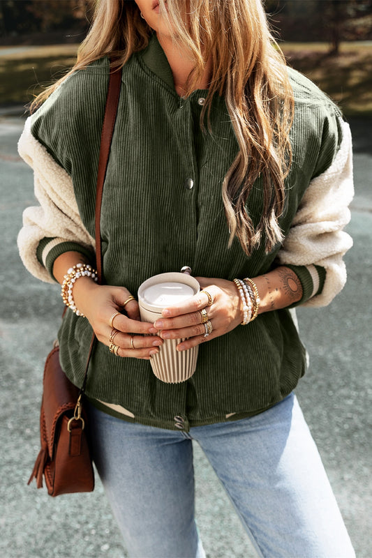 Contrast Baseball Collar Snap Down Long Sleeve Jacket-Angel Casuals