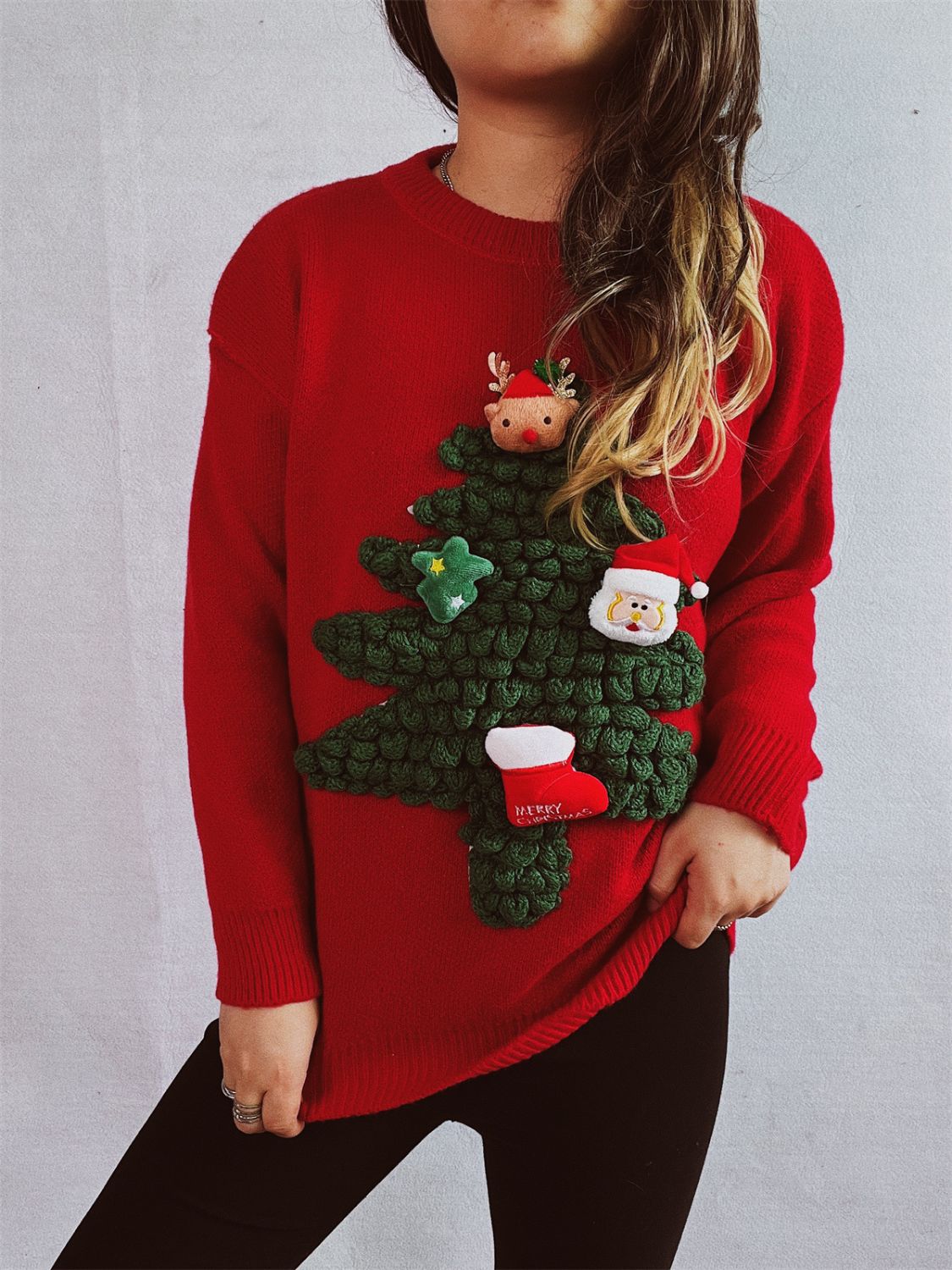 Christmas Tree Round Neck Long Sleeve Sweater-Angel Casuals