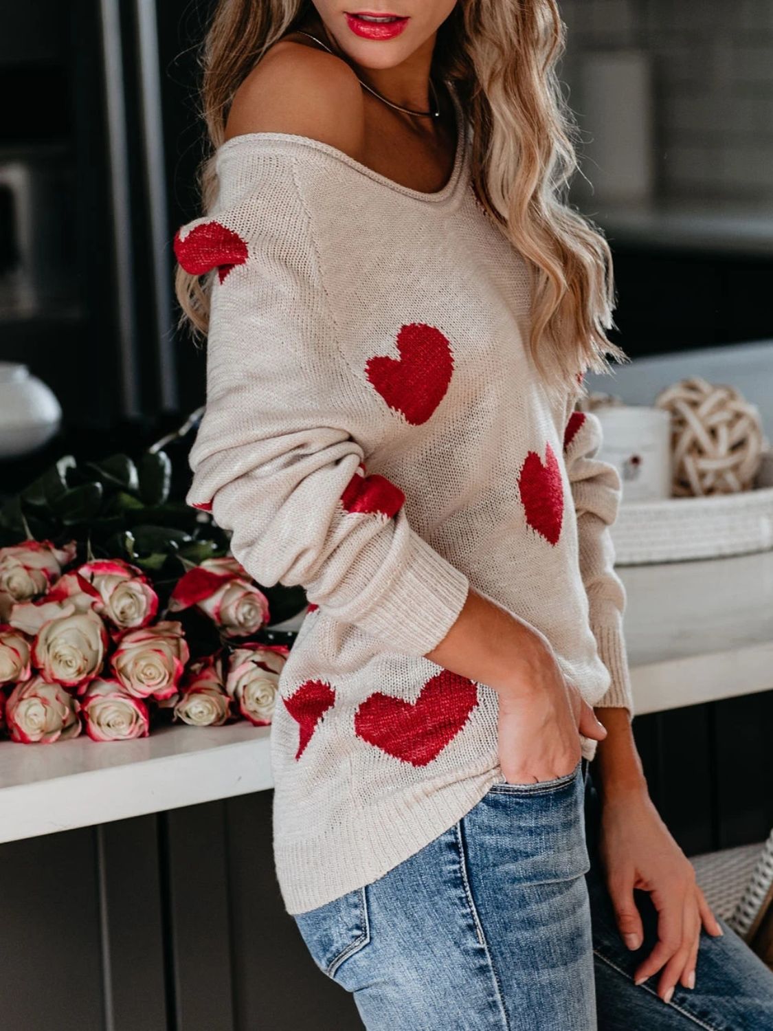 Heart Scoop Neck Long Sleeve Sweater-Angel Casuals