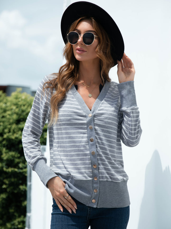 Striped Snap Down Long Sleeve Cardigan-Angel Casuals