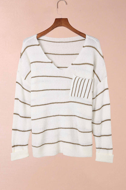 Striped V-Neck Drop Shoulder Sweater-Angel Casuals