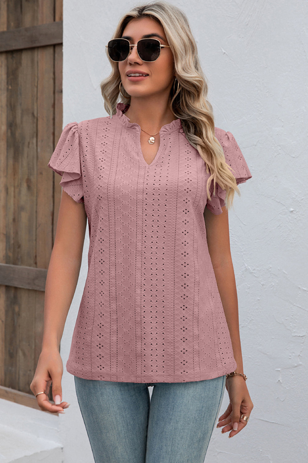 Eyelet Notched Flutter Sleeve T-Shirt-Angel Casuals