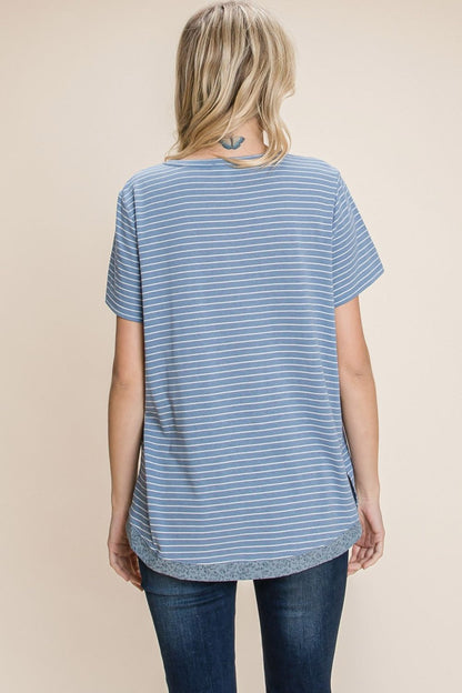 Cotton Bleu by Nu Lab Slit Striped Notched Short Sleeve T-Shirt-Angel Casuals