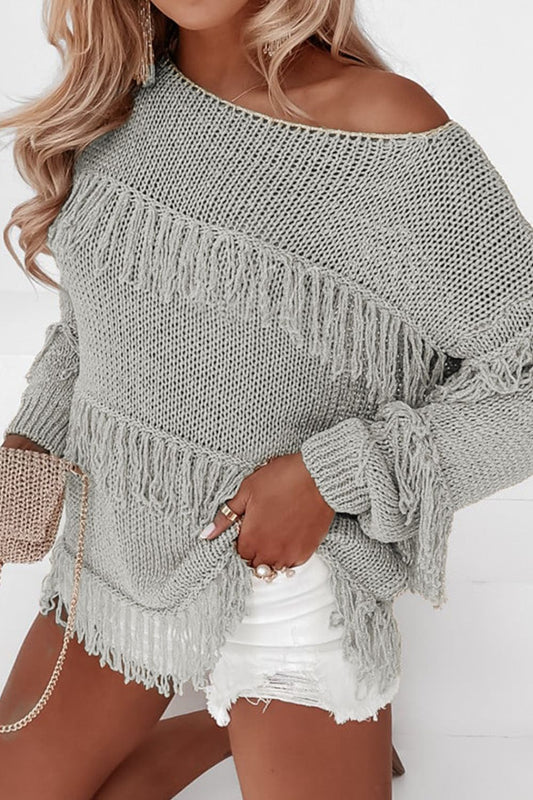 Fringe Boat Neck Long Sleeve Sweater-Angel Casuals