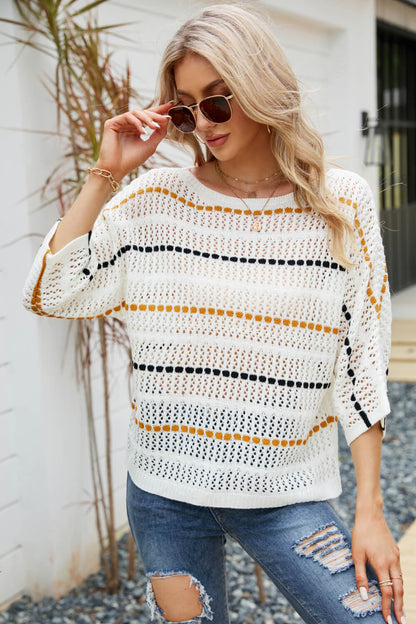 Striped Openwork Three-Quarter Sleeve Knit Top-Angel Casuals