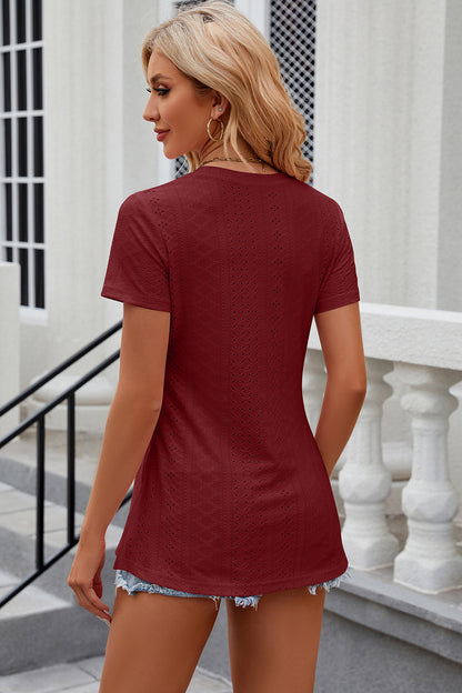 Eyelet Slit Round Neck Short Sleeve T-Shirt-Angel Casuals