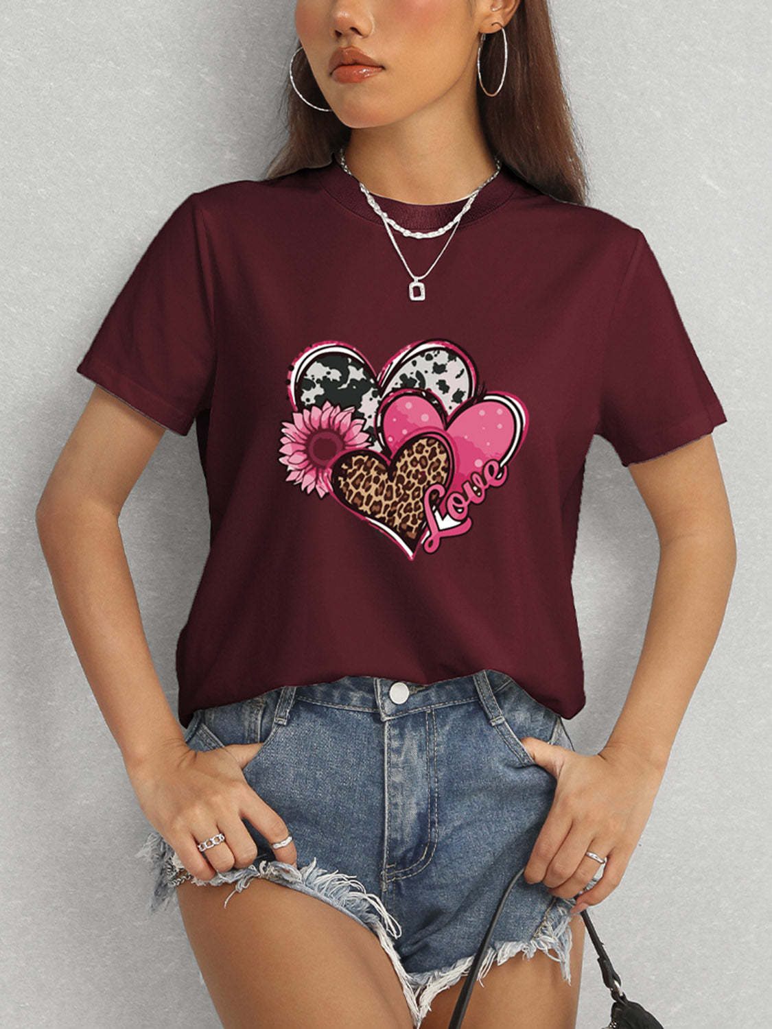 Heart Round Neck Short Sleeve T-Shirt-Angel Casuals
