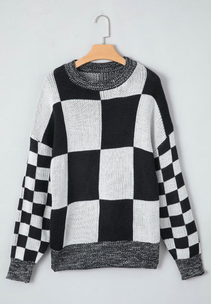 Checkered Round Neck Drop Shoulder Sweater-Angel Casuals