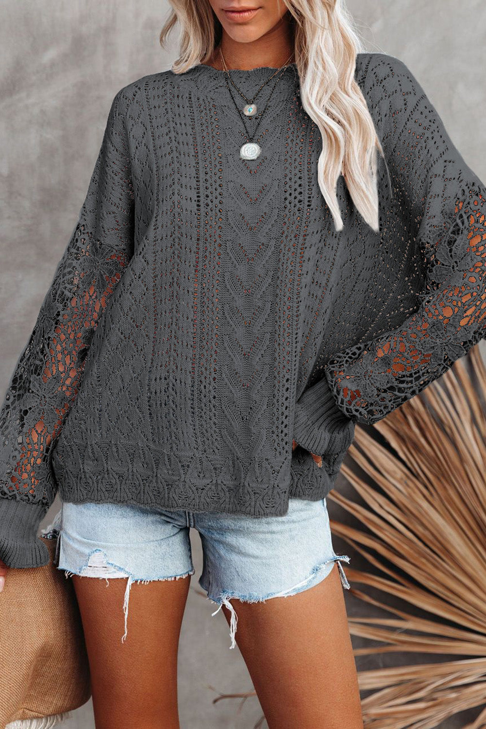 Openwork Lantern Sleeve Dropped Shoulder Sweater-Angel Casuals