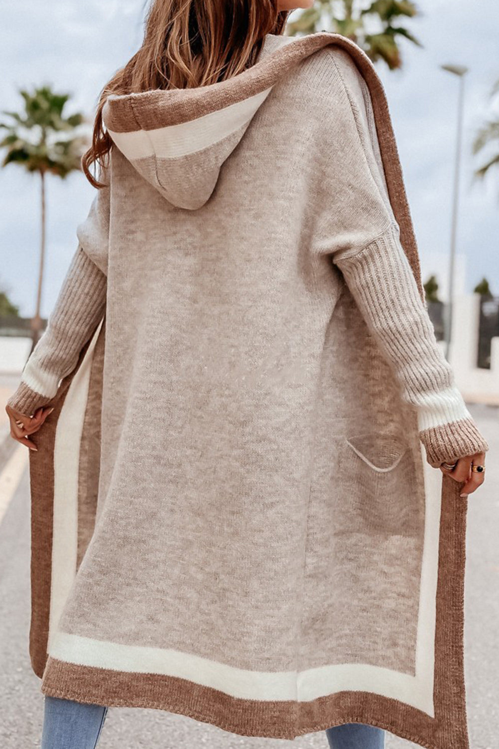 Pocketed Contrast Long Sleeve Hooded Cardigan-Angel Casuals