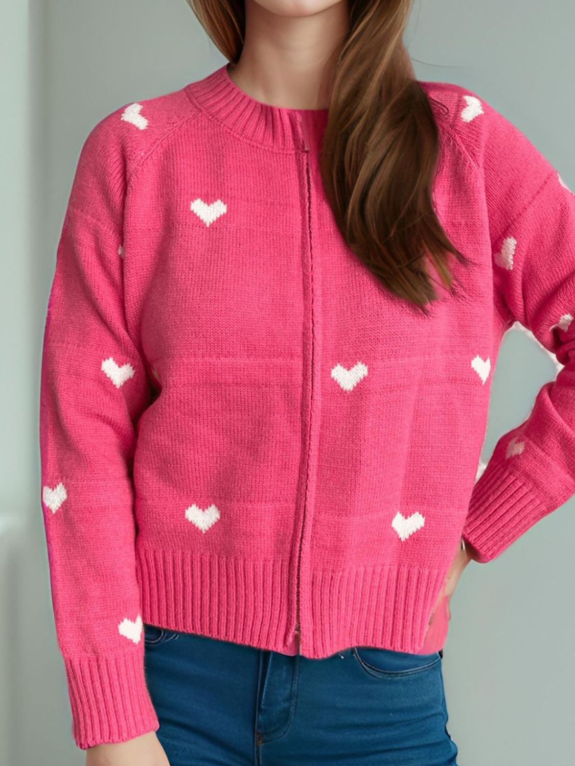 Heart Round Neck Zip Up Cardigan-Angel Casuals