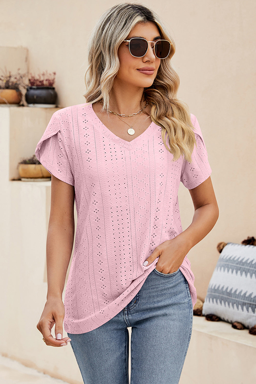 Eyelet V-Neck Petal Sleeve T-Shirt-Angel Casuals