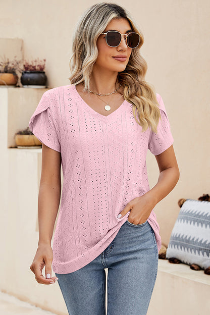 Eyelet V-Neck Petal Sleeve T-Shirt-Angel Casuals