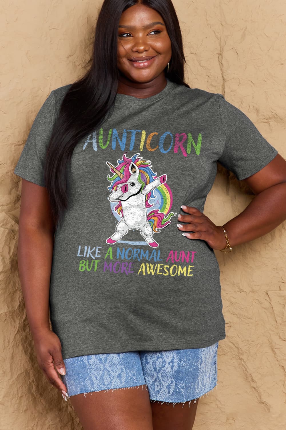 Simply Love Full Size AUNTICORN LIKE A NORMAL AUNT BUT MORE AWESOME Graphic Cotton Tee-Angel Casuals