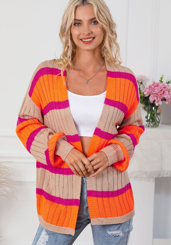 Contrast Striped Drop Shoulder Open Front Cardigan-Angel Casuals