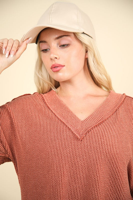 VERY J Two Tone Ribbed V-Neck Exposed Seam Top-Angel Casuals