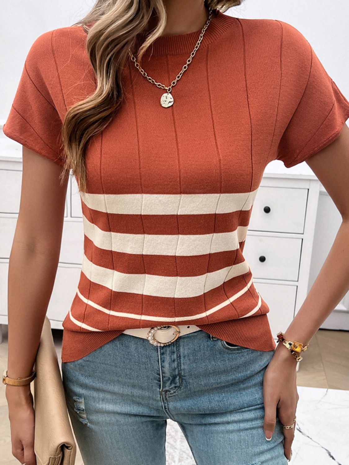 Devine Striped Round Neck Short Sleeve Knit Top-Angel Casuals