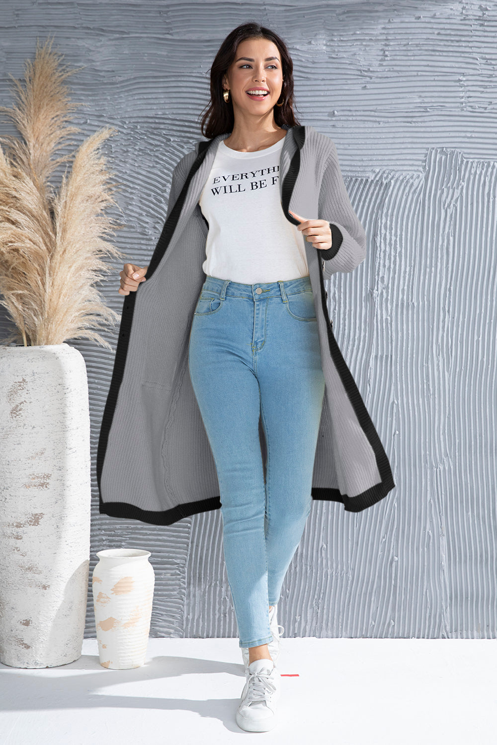 Button Up Contrast Trim Hooded Cardigan-Angel Casuals