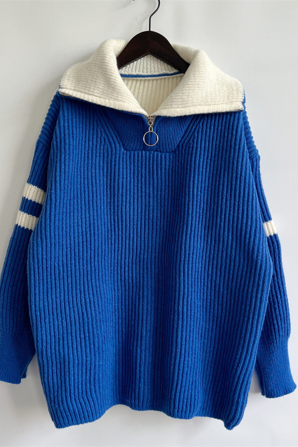 Quarter Zip Striped Dropped Shoulder Sweater-Angel Casuals