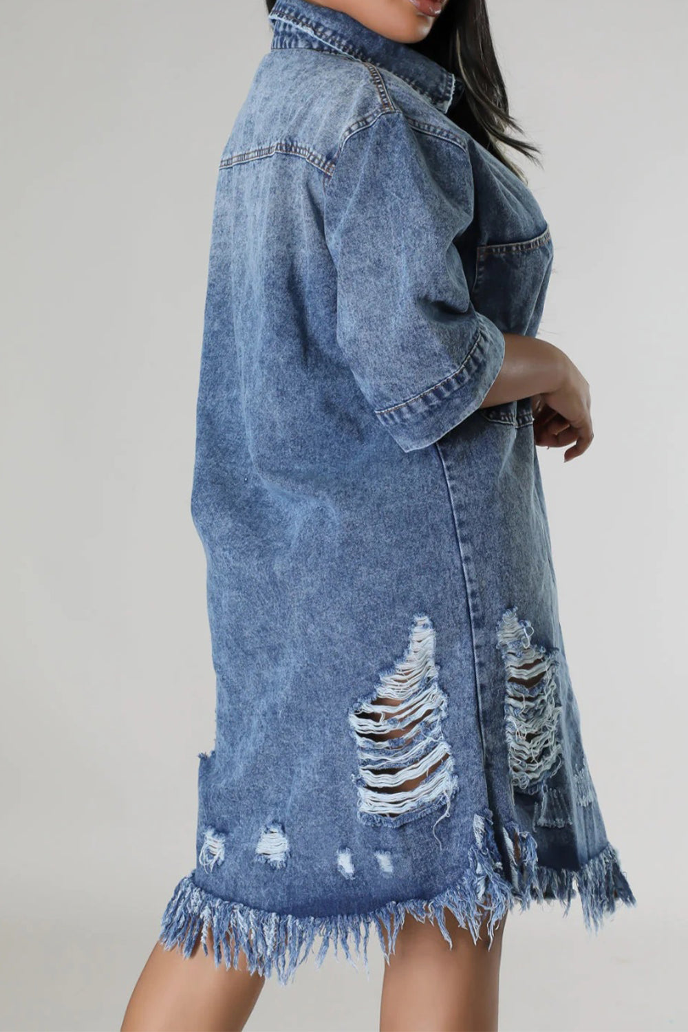 Distressed Raw Hem Button Up Denim Dress-Angel Casuals