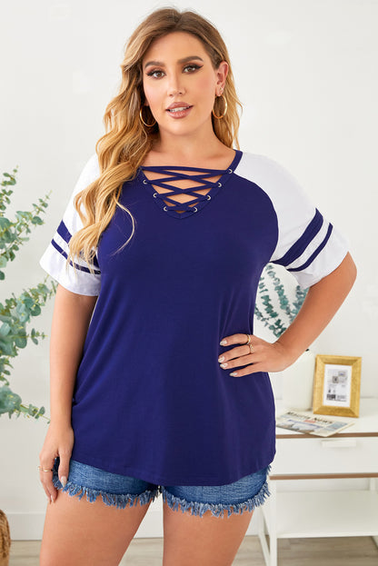 Plus Size Contrast Crisscross Tee Shirt-Angel Casuals