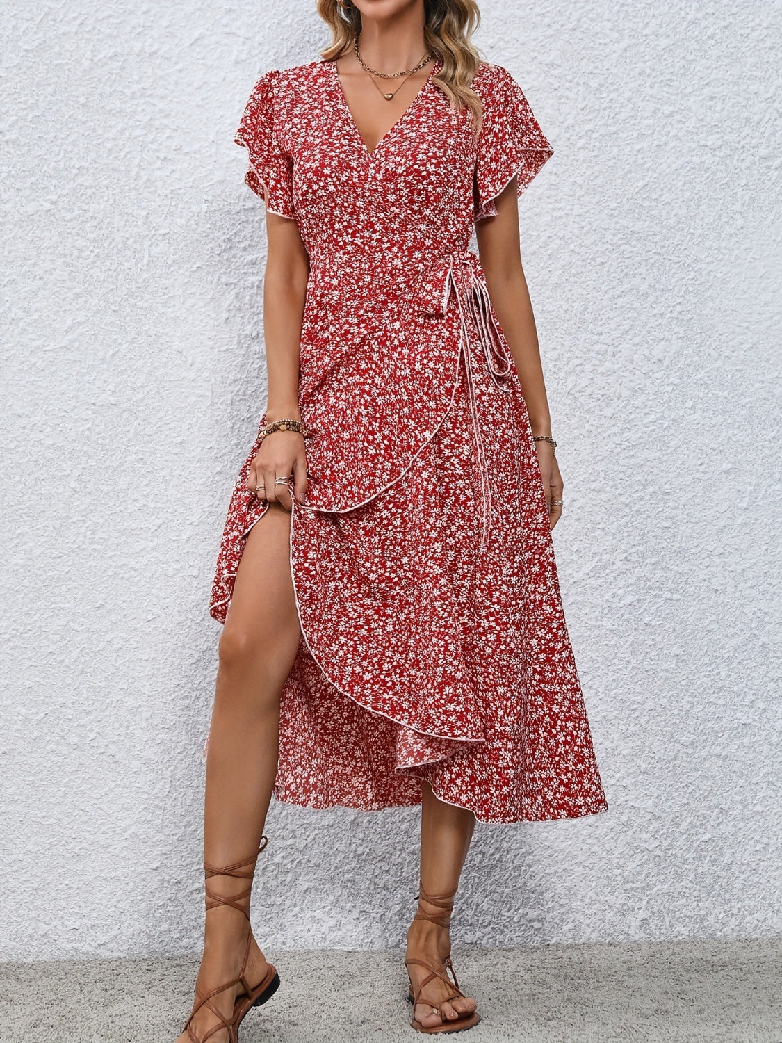 Printed Surplice Flutter Sleeve Midi Dress-Angel Casuals