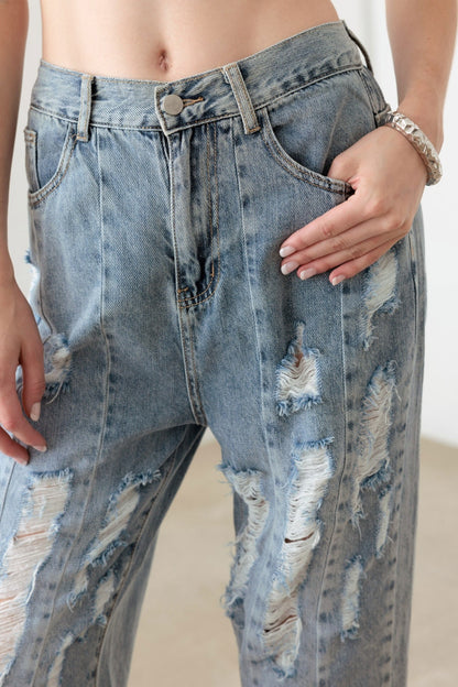 Litz La Washed Barrel Leg High Waist Distressed Jeans-Angel Casuals