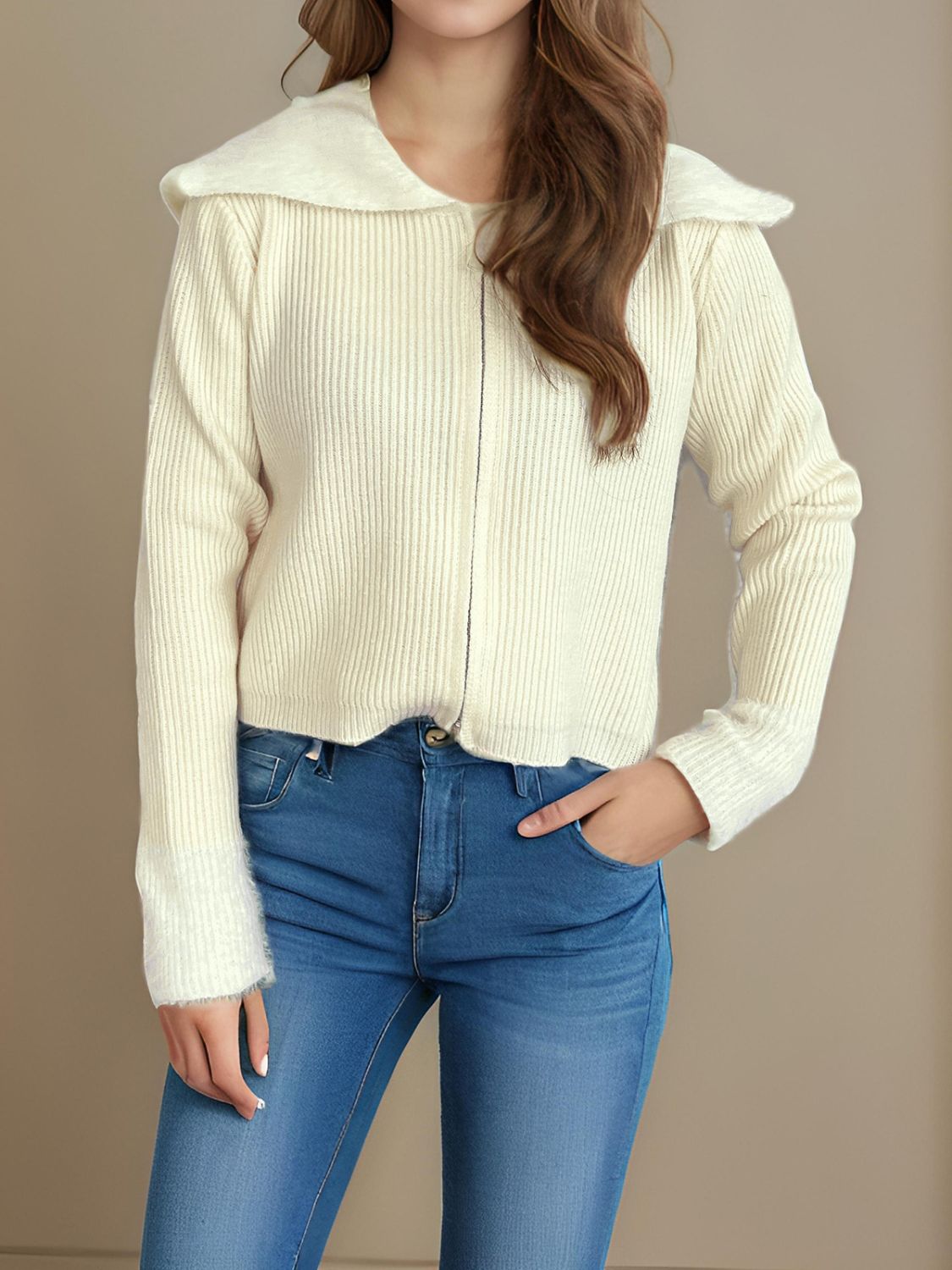 Zip Up Collared Neck Long Sleeve Cardigan-Angel Casuals