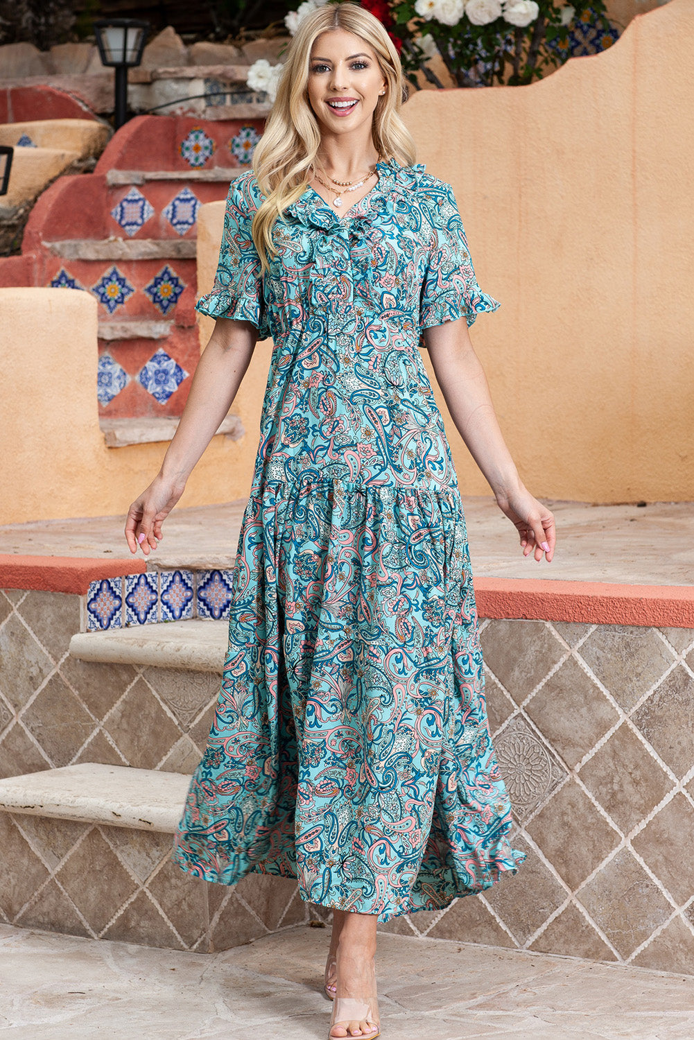 Paisley Print Flounce Sleeve Maxi Dress-Angel Casuals