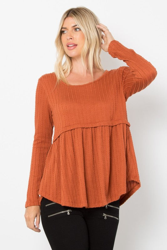 Be Stage Full Size Texture Babydoll Round Neck Long Sleeve Knit Top-Angel Casuals