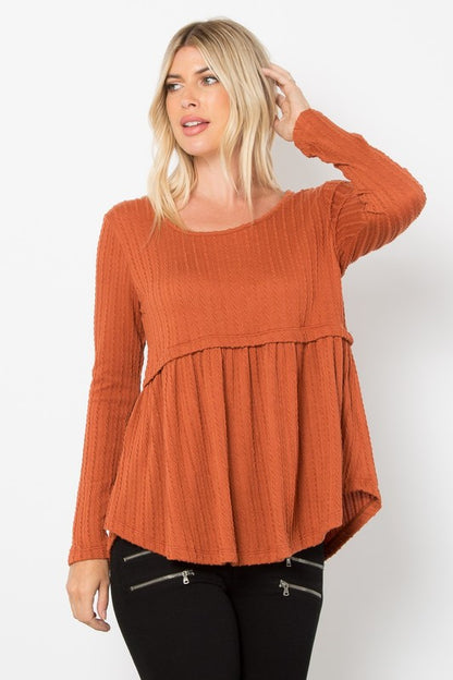 Be Stage Full Size Texture Babydoll Round Neck Long Sleeve Knit Top-Angel Casuals