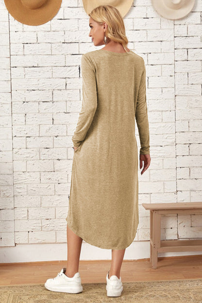 Pocketed Round Neck Long Sleeve Tee Dress-Angel Casuals