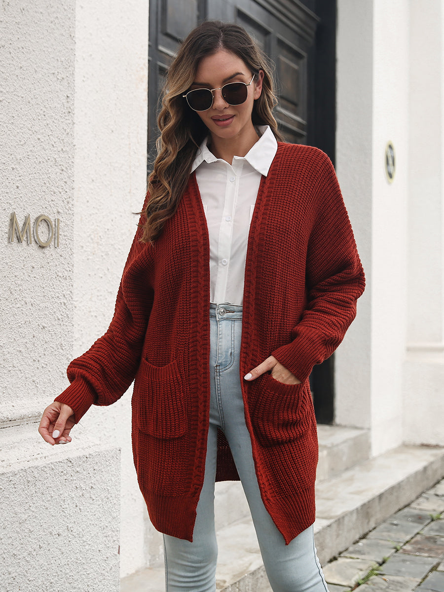 Open Front Rib-Knit Cardigan with Pockets-Angel Casuals