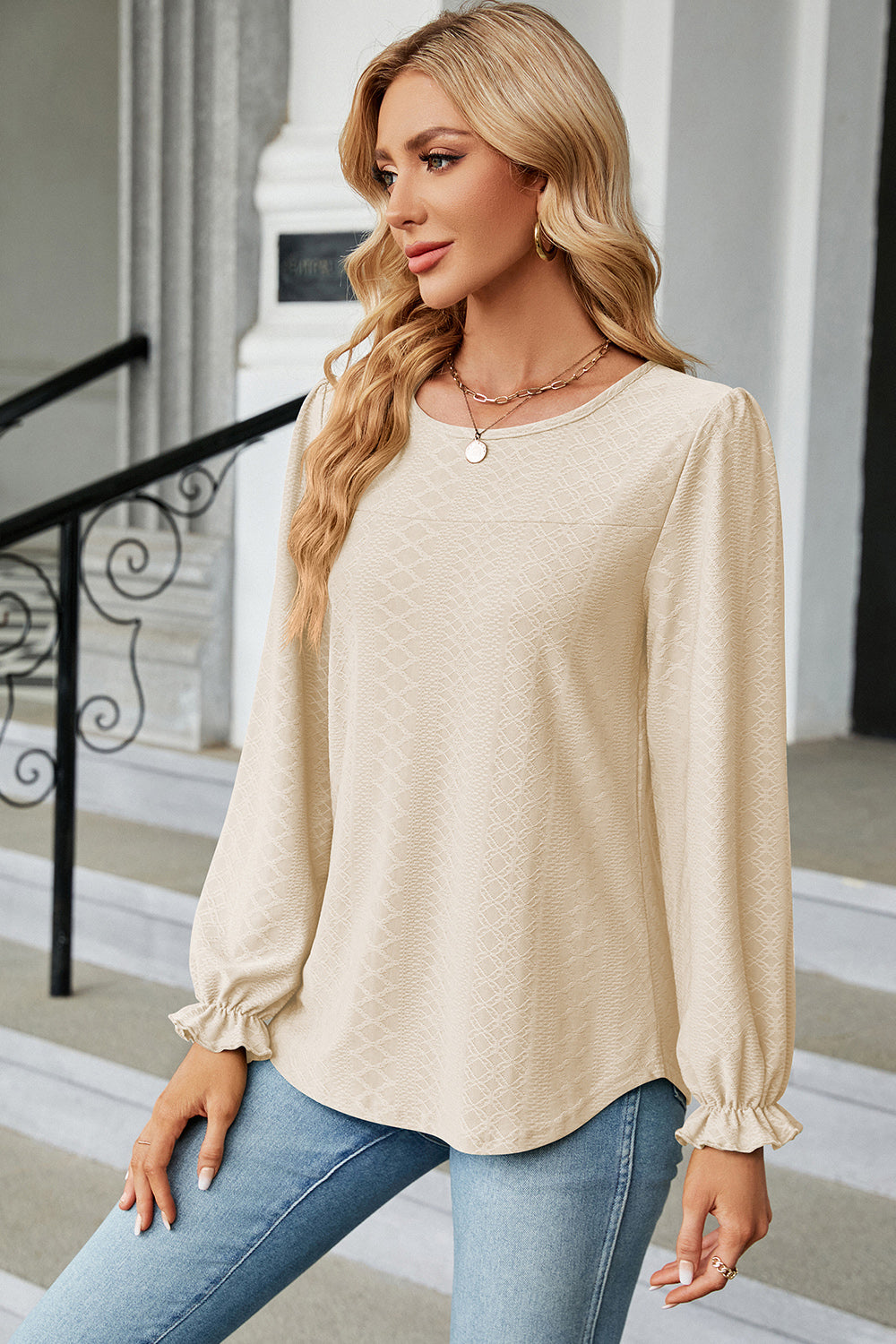 Round Neck Flounce Sleeve T-Shirt-Angel Casuals