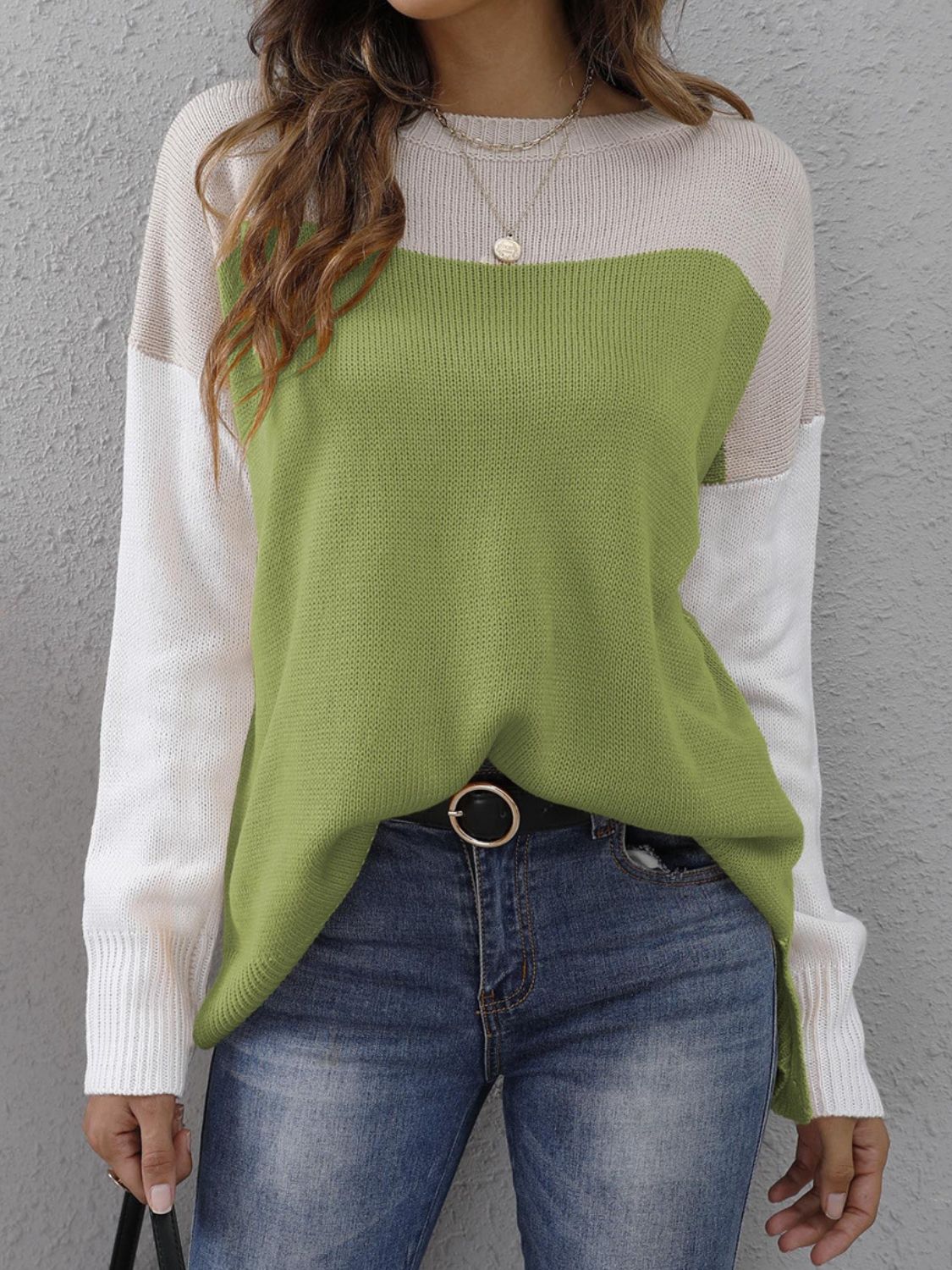 Color Block Round Neck Sweater-Angel Casuals