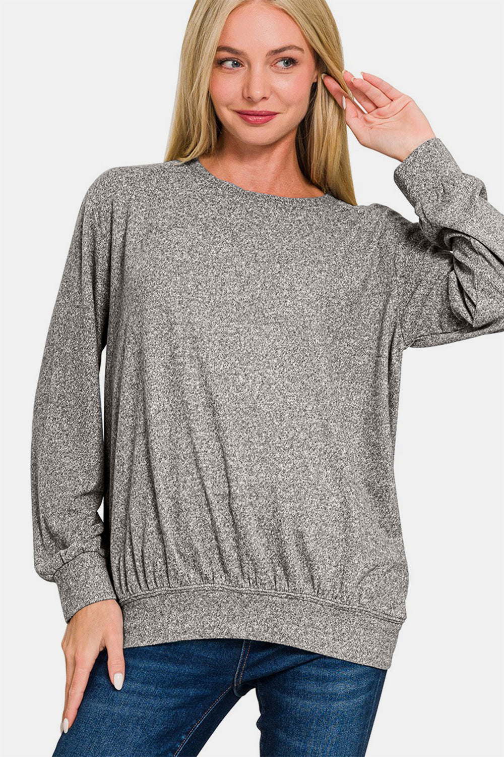 Zenana Full Size Melange Round Neck Top-Angel Casuals